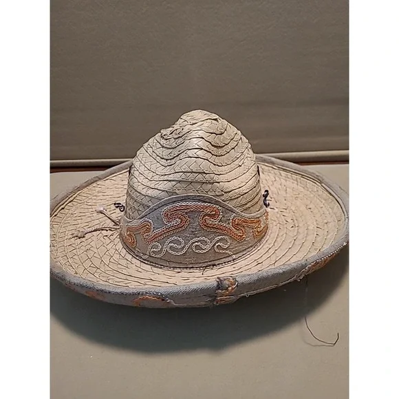 Vintage Straw Hat Woven With Design Embroidered Orange‎ Yellow Small 7" Opening - Picture 5 of 16